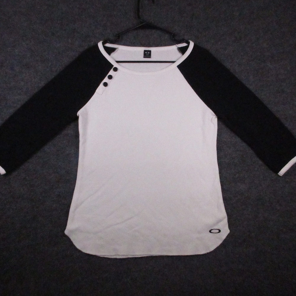 Y2K Oakley Shirt Womens Large White Black Raglan 3/4 Sleeve Thermal Colorblock